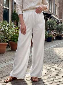 Pantalones para Mujer Marrón Sólidos, Cintura Elástica y Pierna Ancha Larga, Elegantes para Uso Casual y Fin de Semana en Verano - beige - Ver 10