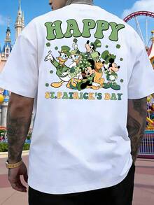Disney Men's St Patricks Day T-Shirt With Mickey Mouse, Donald Duck, Goofy, And Clover Prints. Lucky Round Neck Short-Sleeved Men's Top, Comfortable, Breathable, And Skin-Friendly Pure Cotton, Suitable For Holiday Outings, Vacations, And Everyday Commuting. - White - View 3