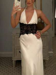 Vestido largo de mujer con cuello halter y panel de encaje transparente en la cintura, vestido elegante de unicolor para fiesta de verano - Albaricoque - Ver 3