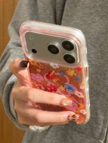 花朵图案彩色涂鸦手机壳，兼容 17/17 Pro Max、新款闪亮 16 Pro、可爱 15、创意 13、16 Pro Max，柔软硅胶保护套，带挂绳，春季风格 - 橘色 - 查看 7