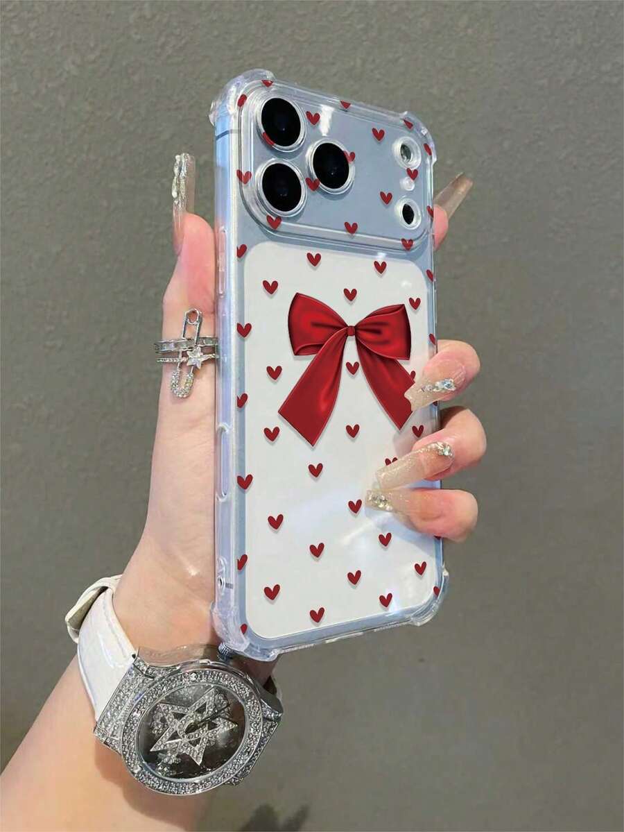 1pc Heart & Bow Shockproof Anti-Slip Transparent Phone Case, Compatible With IPhone 16 Pro Max, 11/12/13/14 Plus/16e Soft Protective Cover, XR/7/8 Plus/15 Pro Max/16, Also Fits 17/17 Pro/17 Pro Max/17 Air - Clear - View 1