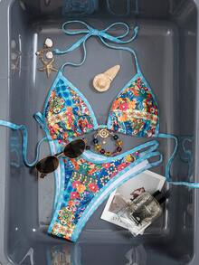 Floral & Plaid Print Halter Tie Front Bikini Set Vacation - Multicolor - View 3