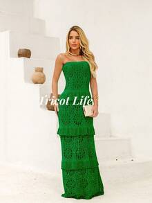 Long Strapless Dress Knit Ruffles New Year's Eve Christmas Lined Knit Civil Wedding Elegant Party Women's Dress White - 綠旗 - 查看 8