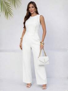 Women's Long Tailored Jumpsuit With Buttons And Pockets, Elegant Wide-Leg Pants - 離開 - 查看 6