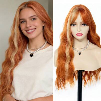 26英寸金铜色分叉合成假发，带刘海，双色发色，铜色头发，金色挑染，长款波浪卷发，女士角色扮演派对假发，万圣节假发