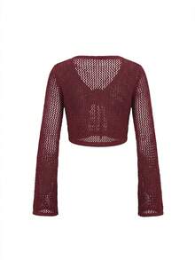 Women's Sweet & Spicy Sheer Lightweight Summer Sexy Hollow-Out Floral Design Long Sleeve Cover Up Knit Top - Burgundy - View 6