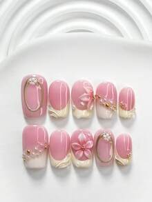 10pcs Early Spring Polish Gel Nail Art Set, Acrylic Pressed Nail Stickers, White 5-Petal Flowers, Gold & White Rhinestones, Gold Glitter Halo Design, Solid Color Water Wave Nail Decor, Pink 5-Petal Flowers, Cream Yellow Nail Polish, Sweet French Style, Includes Nail Tools (1 Jelly Sticker + 1 Nail File), 3 Sizes Available: Square, Short Square, Almond Handmade Press On Nails - Multicolor - View 13