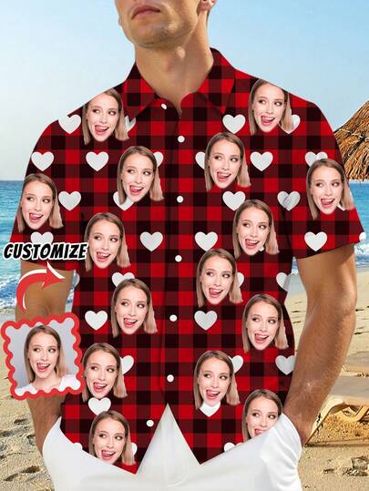 1pc Customizable Men's Valentine's Day Shirt, Upload Personal Photos & Valentine's Day Prints, Button-Down Casual Shirt With Funny Face Design, Holiday Casual Style Suitable For Daily, Vacation, Holiday Celebration, Custom Men's Casual Loungewear, Perfect Gift For Friends And Family