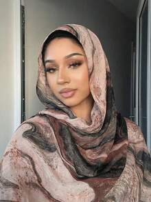 1条女士休闲围巾，波西米亚风大理石纹/扎染印花头巾，适合日常搭配长袍 - 褐色 - 查看 3