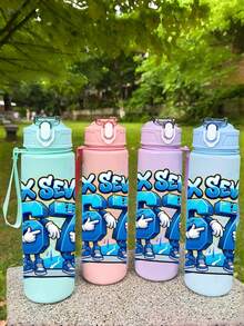 1pc 67 Lightning Graphic Plastic Water Bottle, Cute Print Design, 800ml/27oz Cartoon Solid Color Sports Water Bottle With Straw, Portable Handle, Durable Material, Perfect Birthday Or Valentine's Day Gift - Multicolor - View 8