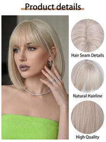 12 Inch Golden Bobo Wig For Women - With Bangs, Realistic Hairline, High-Quality Synthetic Hair | Everyday/Party Styling - Gold - View 3