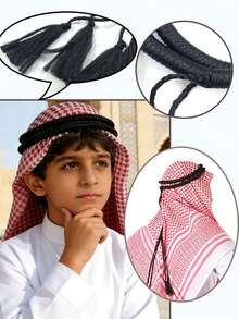 1pc Arabic Headscarf With Matching Headband, Durable Woven Tassel Design, Muslim Headwear, Middle Eastern Traditional Headscarf & Headband, Durable Woven Style, Boy's Headscarf Fixation Headband, Middle Eastern Clothing Accessory - Black - View 5