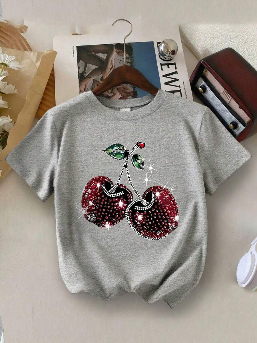Cherry Print Round Neck Short Sleeve T-Shirt, Casual Children T-Shirt For Spring & Summer - Grey - View 1