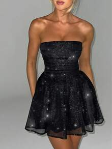 Elegant Women's Sequin Strapless Short A-Line Dress With Flared Hem, Perfect For Prom And Parties - 黑色 - 查看 3