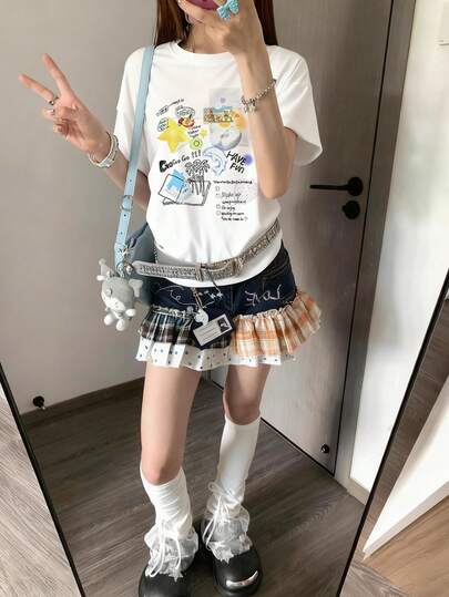 2026 Summer New Women's Round Neck Casual Countryside Floral Print Blouse, Sweet Korean Style Versatile Student Short Sleeve T-Shirt, 1 Piece