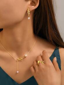 4件套不锈钢树形首饰套装，优雅清新百搭简约时尚，树叶珍珠耳环+戒指+项链套装，适合女性日常佩戴，亦可作为礼物。 - 項鍊+耳環+戒指 - 查看 3