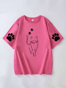 可爱猫爪印花圆领休闲夏季女式T恤 - 玫紅色 - 查看 3