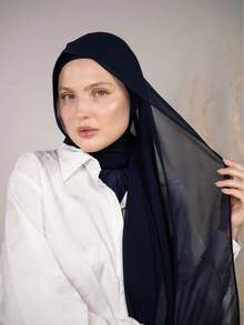 1pc Instant Jersey Hijab With Chiffon Hijab, Silky Soft Breathable Fabric, Suitable For Daily Wear, Festivals, Prayers, Pilgrimages - Navy Blue - View 3