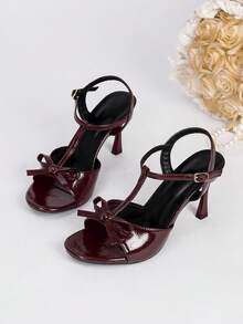 Women's Summer New One-Strap Round Toe Bowknot High Heel Sandals - Burgundy - View 2