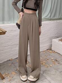 Pantalones casuales de verano de unicolor con bolsillos para mujer, primavera - Caqui - Ver 2
