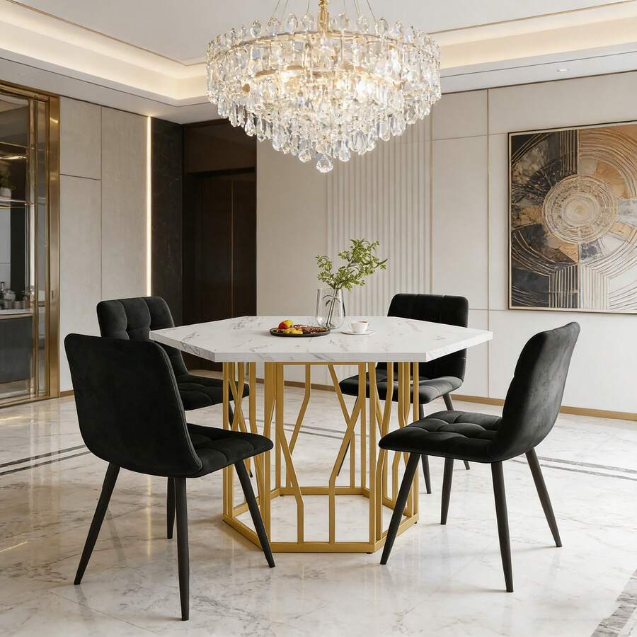 Dining Table & Chair Sets - Black + Golden + MDF+Steel - View 1