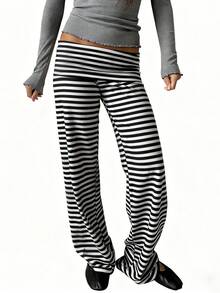 Lounge Yoga Pants For Women Fold Over Low Waist Wide Leg Sweatpants Flare Leggings Bell Bottoms Y2K Foldover Pants - 黑白條紋 - 查看 5