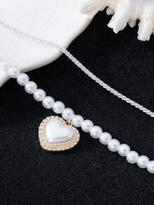 Double Layered Chain Necklace - Heart Pendant With Elegant Charm Of Fashionable Beaded Chain Double Layered Necklace Suitable For Girl's Daily Leisure Matching Classic Style (No Gift Box) - Multicolor - View 4