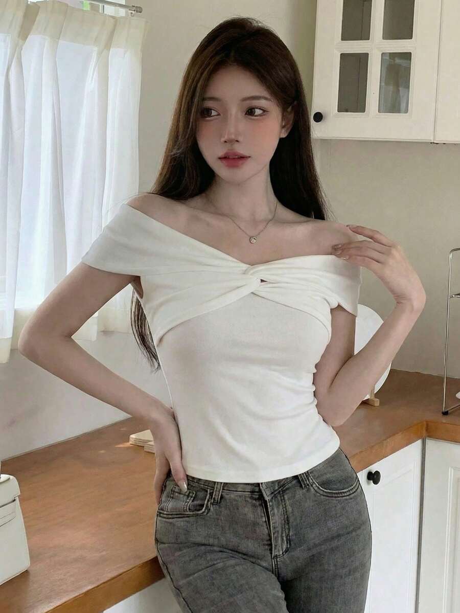 Y6Y 法国夏季性感白色露肩女式衬衫 - 白色 - 查看 1