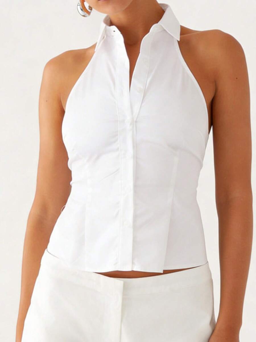 Women Button Up Halter Tops Summer Lapel Tie Up Backless Shirts For Streetwear Aesthetic Grunge Clothes - trắng - Xem 1