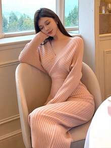 Y6Y Elegant Fitted Waist Bodycon V-Neck Pink Knit Dress - Pink - View 1