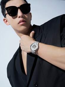 1 pieza Reloj automático mecánico de esqueleto para hombre, correa de acero inoxidable, resistente al agua 30M, reloj de vestir casual de negocios con cristal mineral FW-6022 - Unitalla - Ver 4