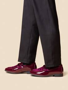 Boys Dress Shoes Slip-On Loafers Tuxedo Patent Classic Velvet Shoes(Runs Small, Please Order One Size Up) - 酒紅色 - 查看 5
