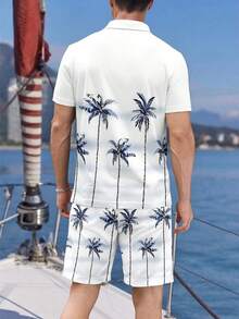 Men's Palm Tree Print Zip-Up Polo Shirt And Casual Shorts Set, Vacation Style - Multicolor - View 2