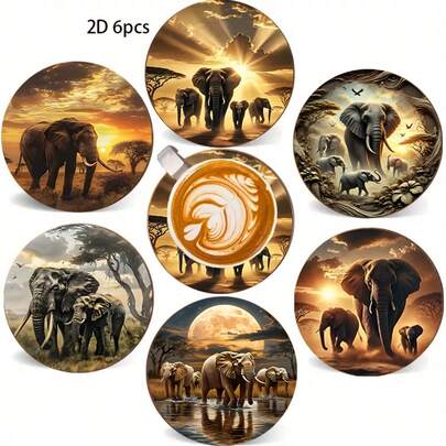 6个2D打印非洲象图案圆形木质杯垫，适用于庭院、厨房、客厅、家庭聚会、餐桌装饰，是馈赠亲友的理想之选，也是情人节、婚礼、生日、节日派对等场合的家居装饰品。
