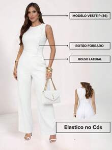Women's Long Tailored Jumpsuit With Buttons And Pockets, Elegant Wide-Leg Pants - 離開 - 查看 5