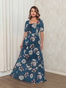 Long Tulle Dress With Square Neckline And Short Sleeves. - Navy Blue - View 3