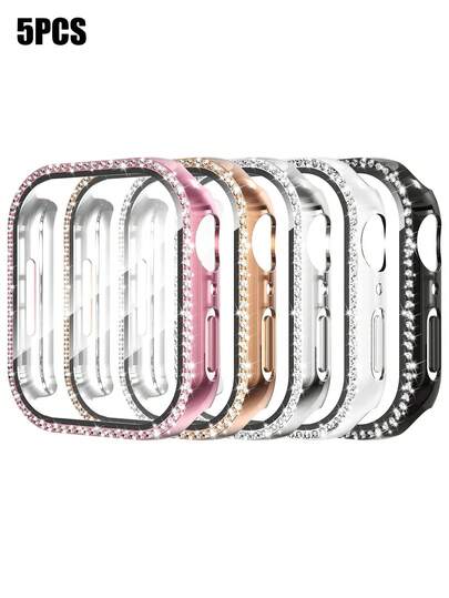 Set de 5 piezas Estuche de reloj con protector de pantalla de cristal templado ultradelgado y decoración de diamante de imitación brillantes, para Apple Watch 40/41/42/44/45/46/49mm, para Series Ultra/SE/11/10/9/8/7/6/5/4, accesorios de estuche de reloj inteligente para hombres y mujeres