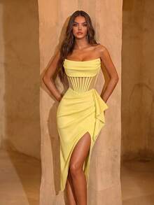 ADYCE Elegant Strapless Hollow Lotus Leaf Satin Front Slit Backless Mid-Length Dress, Suitable For Balls, Birthday Parties, Galas, Dates, Homecoming Parties, Wedding Guest Attire, Cocktail Parties, Family Gatherings And More - Yellow - View 3