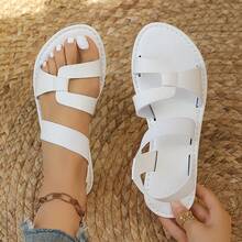 Comfortable & Elegant Retro White Elastic Band Flat Sandals, Casual Open Toe Roman Shoes For Women, Versatile Outdoor Wear - White - View 10