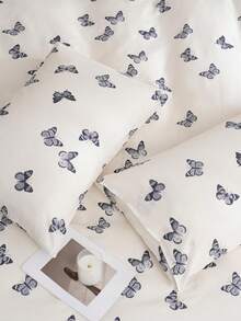 Juego de ropa de cama de 3 piezas con estampado de mariposas azules 100% algodón, estilo campestre americano, adecuado para dormitorio y habitación, regalo perfecto para ocasiones especiales, suave y amigable con la piel para todas las estaciones, incluye 1 sábana ajustable + 2 fundas de almohada, sin edredón incluido - Multicolor - Ver 10