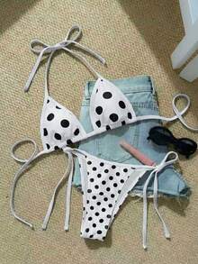 Bộ bikini dây buộc cổ yếm in chấm bi mới, đồ bơi gợi cảm thời trang cho bãi biển, tiệc bể bơi, kỳ nghỉ xuân/hè màu trắng. - trắng - Xem 2