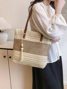 Straw Woven Bag, Vacation Beach Bag, Large Capacity Woven Tote, Shoulder Handbag With Pendant - Beige - View 2