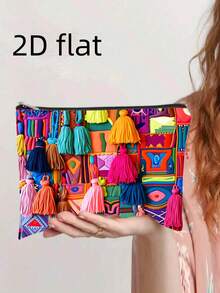 2D平面印花迷人图案流苏化妆包，便携拉链封口，新年礼物送给妈妈和女朋友 - 彩色 - 查看 8