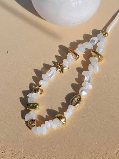 1pc Island Vacation Style Phone Lanyard, White Pebble Shell Starfish & Golden Pearl Beaded Phone Strap, Niche Luxury Design Phone Charm, Keychain, Bag Accessory, Suitable Gift For Mother, Family, Friends, Birthday, Holiday (Actual Size May Slightly Differ From Photo Due To Shooting Angle And Magnification)