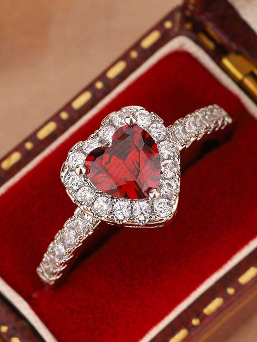 经典红色心形几何戒指，情人节或派对送给女性的珠宝礼物 - 紅色 - 查看 1