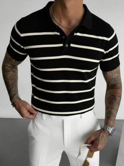 Men's Casual Striped Polo Knit Short Sleeve T-Shirt, Summer