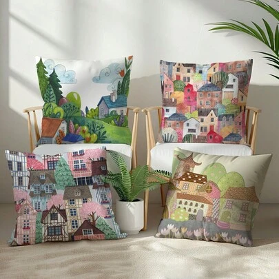 4pcs Minimalist Watercolor Small Town Throw Pillow Case Set, Single-Sided Printed Peach Velvet Polyester, 45*45CM/18*18inch Cushion Cover Suitable For Room Decor, Modern Minimalist Sofa Living Room Decoration, Gift, Party Decor