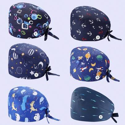 1 pieza Gorro de enfermera estampado, gorro antipolvo, adecuado para hombres y mujeres, médicos, estudiantes de medicina, belleza, anestesia, trabajadores quirúrgicos, transpirable, que absorbe la humedad, con estampado de tiburón y cielo estrellado, casual, lindo, de poliéster, accesorios de enfermería, gorro quirúrgico, adecuado para todas las estaciones