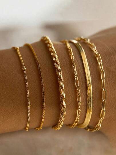 6pcs/Set Bracelet, Alloy Round Bead Chain & Box Chain, Minimalist Fashion, Versatile Accessory, Suitable For Daily Wear, Includes Paperclip Chain, Herringbone Chain And Figaro Chain Designs