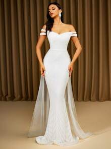 LOVE&LEMONADE Elegant White Off Shoulder Flowing Mesh Patchwork Backless Criss-Cross Tie Mermaid Long Wedding Dress - White - View 4